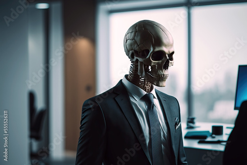 a skeleton in a suit in an office , ai generated