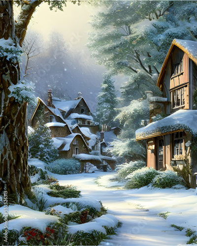 Woodhouses in the magical forest Christmas Painting photo