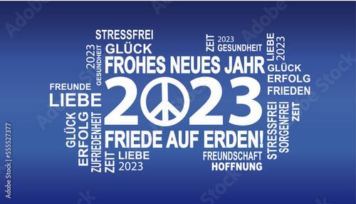 frohes neues jahr 2023 und friede auf erden in blau und weiss