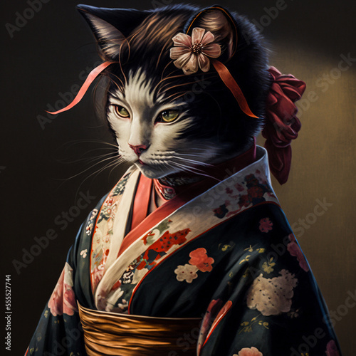 Cat girl in kimono. A Japanese legend, a cat wearing a kimono and pretending to be a woman. Image creative generative Ai technology.	
 photo