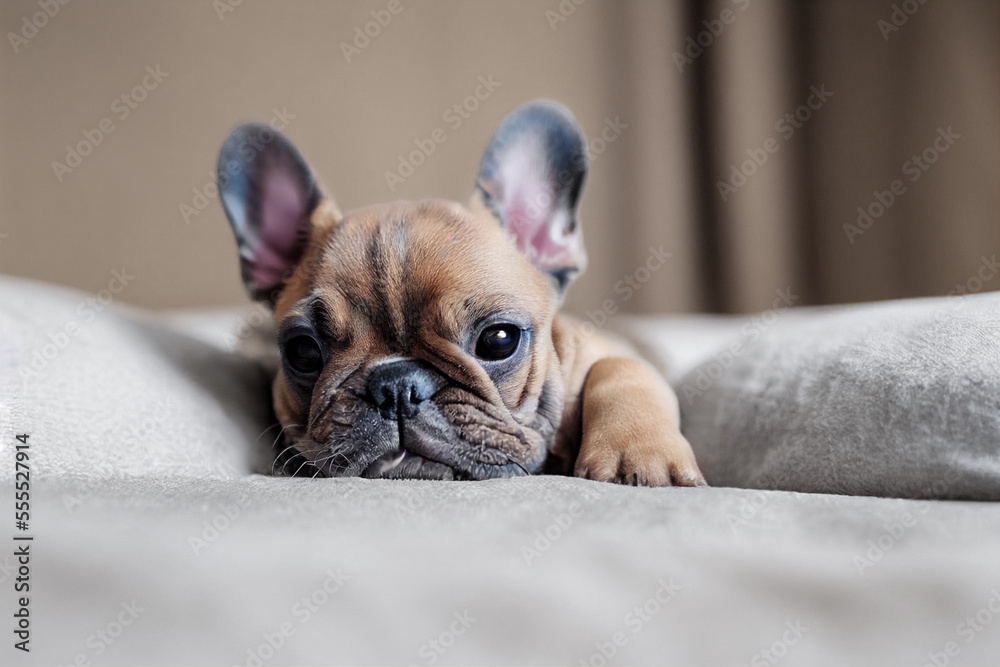 little cute french bulldog puppy is lying on a gray bed at home, generative AI