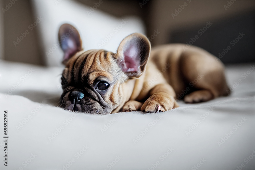little cute french bulldog puppy is lying on a gray bed at home, generative AI