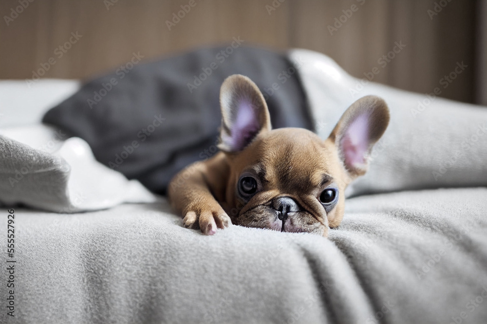 little cute french bulldog puppy is lying on a gray bed at home, generative AI