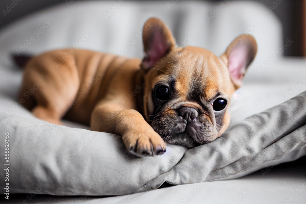 little french bulldog puppy lies on a gray dog bed, generative AI