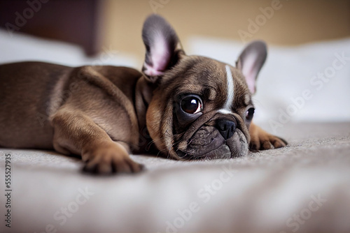 little cute french bulldog puppy is lying on a gray bed at home, generative AI