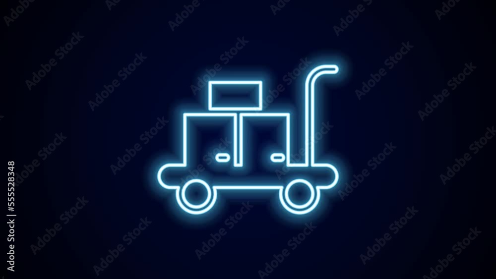 Glowing neon line Trolley suitcase icon isolated on black background. Traveling baggage sign. Travel luggage icon. 4K Video motion graphic animation Glowing neon line Trolley suitcase icon isolated on black background. Traveling baggage sign. Travel luggage icon. 4K Video motion graphic animation