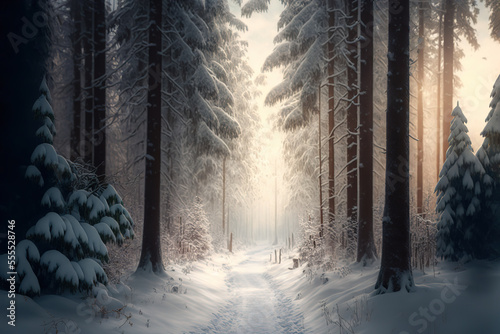 a path through a snowy forest with tall trees, magical realism, soft mist, flickering light, art illustration © Oleksandr