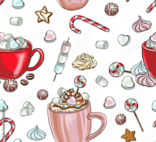 seamless holiday patterns composition with hot drink and marshmallows, sweets and candies with marshmallows. for design, print, fabric or background. isolated on white background