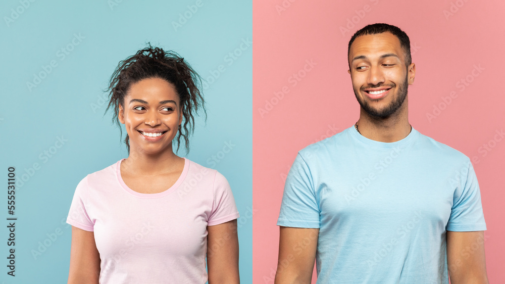 Portrait of positive african american couple standing over halved pink and blue studio background, looking away at each other Portrait of positive african american couple standing over halved pink and blue studio background, looking away at each other