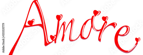 Amore - love written in Italian, red color with hearts, holiday vector graphics, suitable for greeting card, message, banner, icon photo
