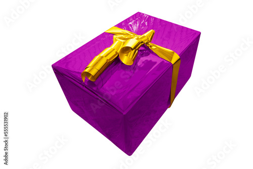 Beautiful purple gift package, wrapped in glossy paper and gold bow and cropped for image montages