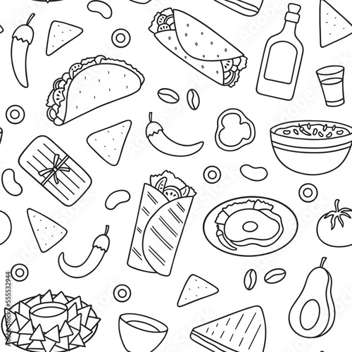 Seamless pattern of Mexican food doodle set. Mexican cuisine. Burrito, taco, nachos in sketch style. Hand drawn vector illustration isolated on white background