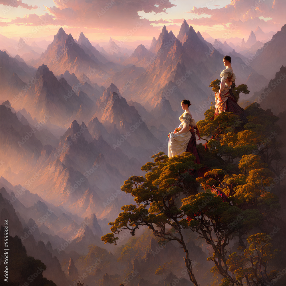 Fototapeta premium silhouette of a couple in the mountains. generated by AI