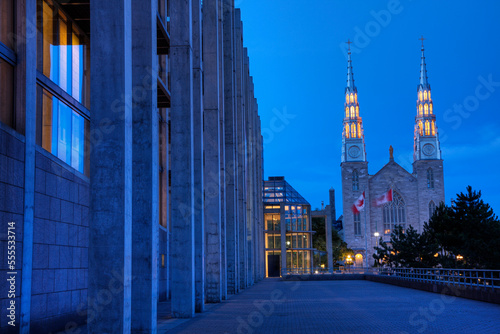 Notre Dame Cathedral Basilica and National Gallery of Canada at Twilight, Ottawa, Ontario, Canada photo