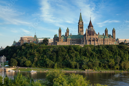 View of the Parliament Buildings and the Ottawa River from Nepean Point, Ottawa, Ontario, Canada photo