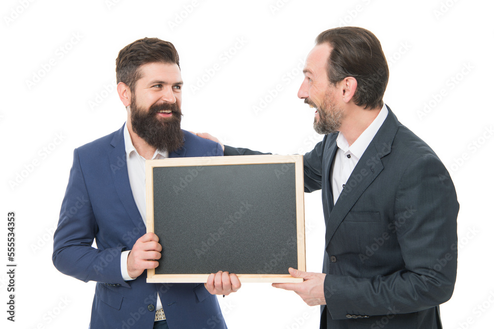Improving access to market information. Bearded men hold information board. School teachers isolated on white. Information and knowledge. Private teaching. Information and communication, copy space Improving access to market information. Bearded men hold information board. School teachers isolated on white. Information and knowledge. Private teaching. Information and communication, copy space