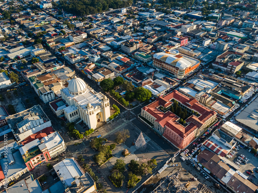 Naklejka premium Beautiful aerial view of the City of San Salvador, capital of El Salvador - Its cathedrals and buildings