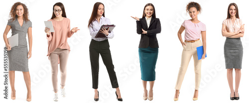 Collection of beautiful young businesswomen on white background