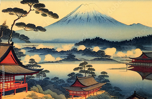 japanese landscape with forest and mountain