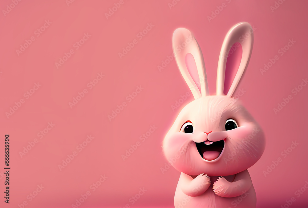 Cute smiling rabbit cartoon character on pastel background image created with Generative AI technology.