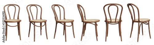 Collection of old, wooden chairs isolated on transparent background. 3D render. 3D illustration. photo
