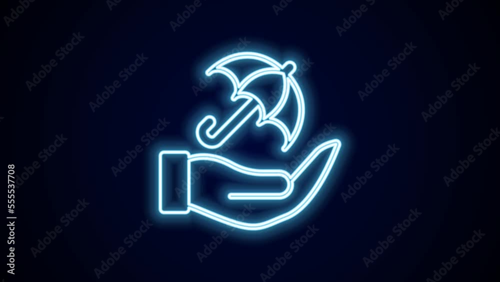 Glowing neon line Umbrella in hand icon isolated on black background. Insurance concept. Waterproof icon. Protection, safety, security concept. 4K Video motion graphic animation Glowing neon line Umbrella in hand icon isolated on black background. Insurance concept. Waterproof icon. Protection, safety, security concept. 4K Video motion graphic animation