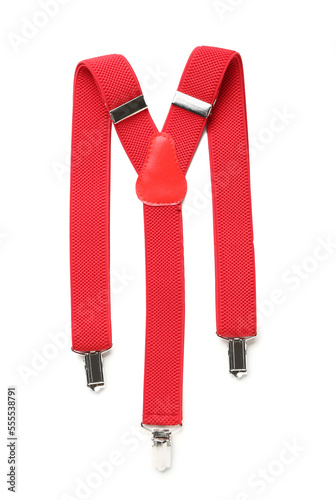 Stylish red suspenders on white background