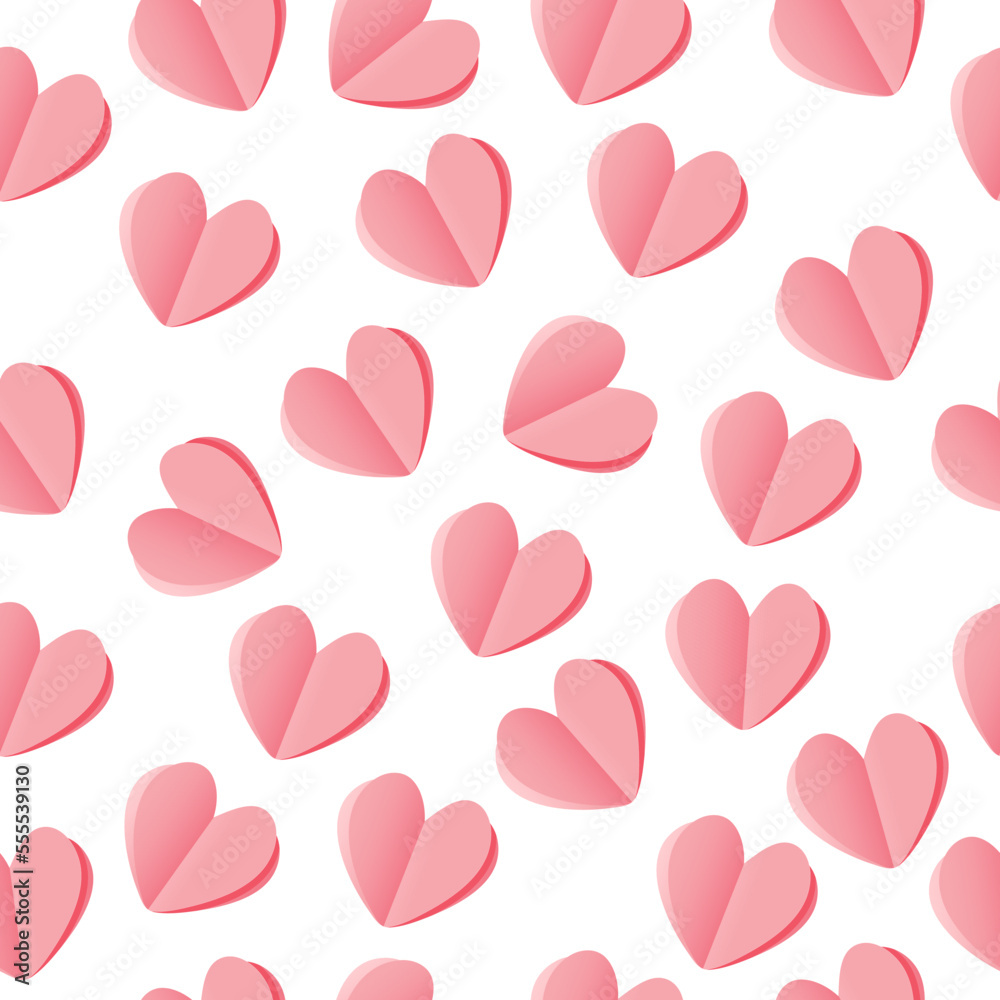 Seamless pink 3d paper hearts pattern. Vector illustration with Symbols of love on white background.