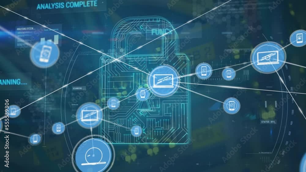 Animation network of connections with icons over data processing over network over network over ware Animation network of connections with icons over data processing over network over network over ware