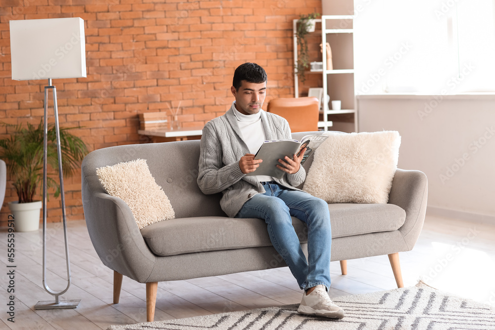 Young man reading magazine on grey sofa at home