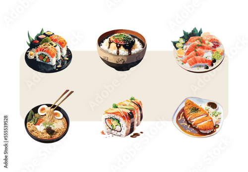Asian isolated vector illustrations of food, noodles and rice and beef, traditional cultural food, japanese curry and katsu, sushi rolls. 
