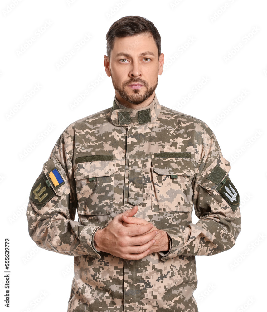 Ukrainian soldier in military uniform on white background