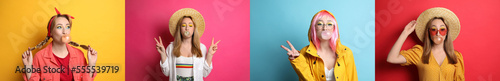 Foto Collage with photos of woman blowing bubblegum on color backgrounds, banner desi