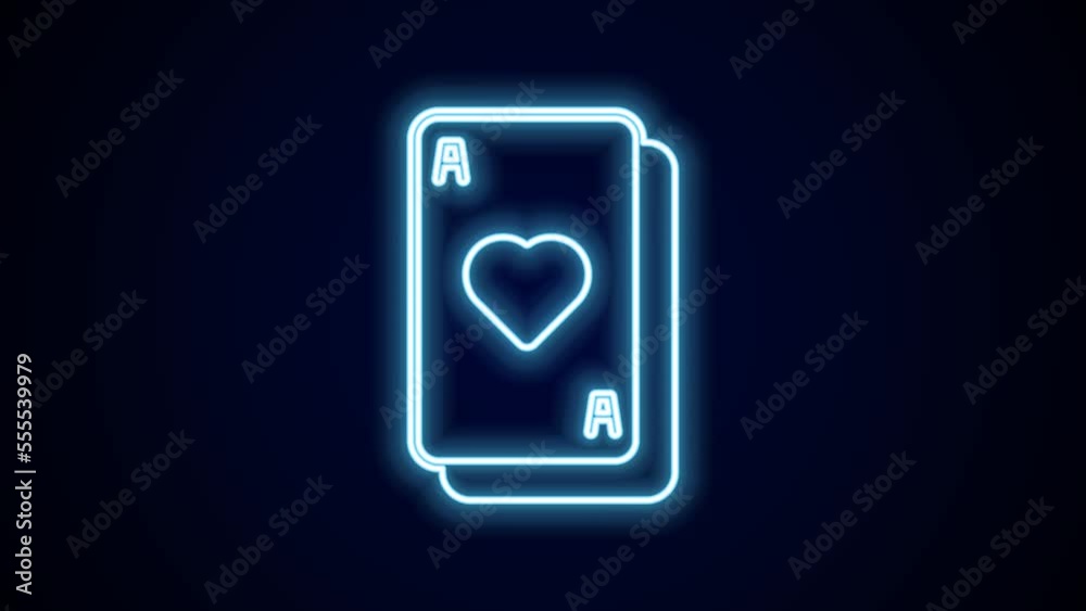 Glowing neon line Playing cards icon isolated on black background. Casino gambling. 4K Video motion graphic animation