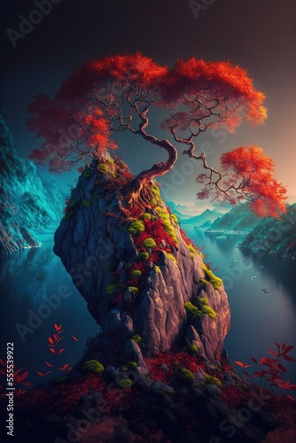 Gorgeous red maple tree next to a cliff illustration made with Generative AI