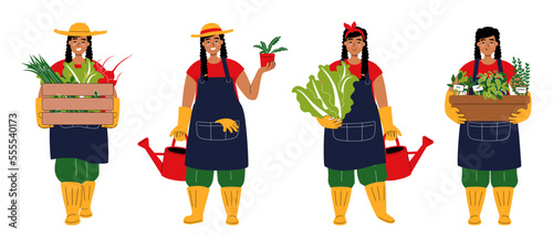 A set of characters as latina cute gardener. Smiling young woman carrying a box of vegetables. Dark-haired girl in a hat holding chinese cabbage and watering can. Happy female with flower pot