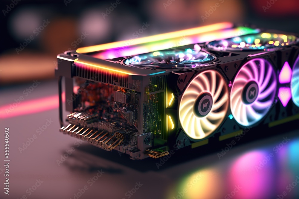 A modern Computer part GPU Graphics card with RGB LED neon lights and  cooling fans, generative ai ilustración de Stock | Adobe Stock