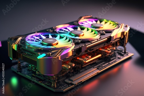 Strong GPU with RGB neon colored fans, bitcoin mining graphics processing unit, generative ai