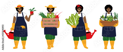 A set of characters as darkskin cute gardener. Smiling young woman carrying a box of vegetables. African girl in a hat holding chinese cabbage and watering can. Happy female with pot of the plant