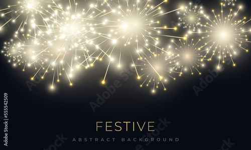 Festive background with brightly fireworks shining sparks. Firecrackers and celebration lights in night sky. Xmas and happy new year salute. Realistic fireworks celebration vector background.