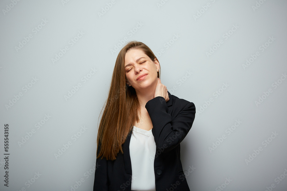 Business woman with headache, head pain, touching neck, isolated portrait. Business woman with headache, head pain, touching neck, isolated portrait.