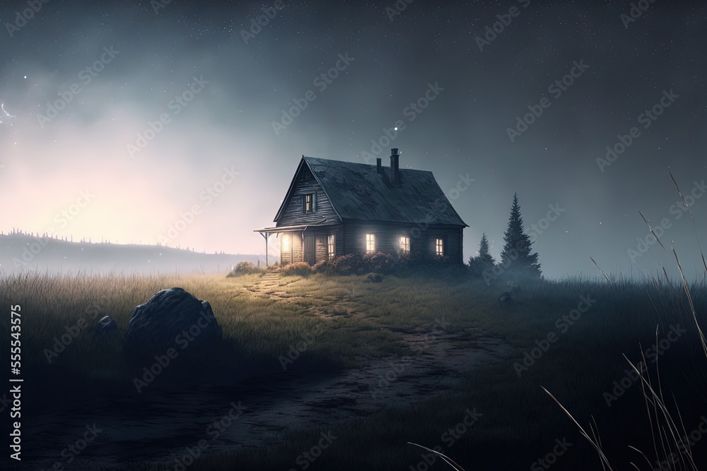 An abandoned cabin on a hill on a misty and foggy morning, haunted concept, scary horror. liminal mood. cinematic An abandoned cabin on a hill on a misty and foggy morning, haunted concept, scary horror. liminal mood. cinematic