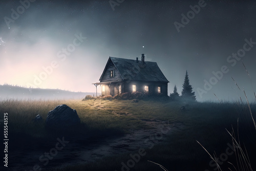 An abandoned cabin on a hill on a misty and foggy morning, haunted concept, scary horror. liminal mood. cinematic