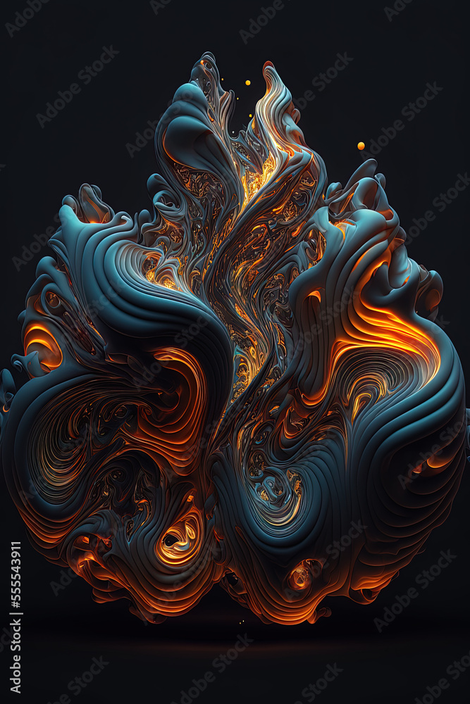 abstract luminous ink diffusion in a fire swirl formation, parametric organic form- Generative ai