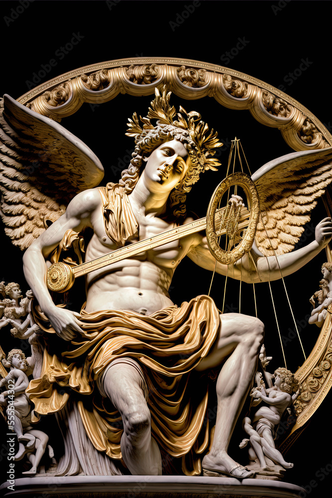 Apollo god of the sun and music strumming his Musical instrument- Generative ai