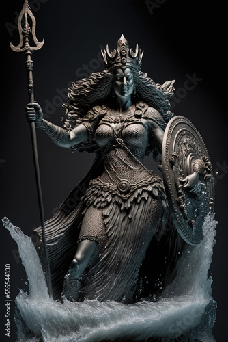 Athena the ancient Greek goddess of wisdom and knowledge holding a spear, Athens Greece. Dark background -Generative ai