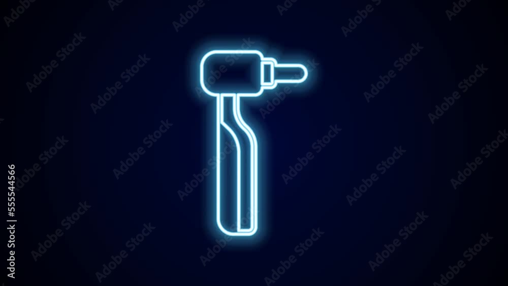 Glowing neon line Tooth drill icon isolated on black background. Dental handpiece for drilling and grinding tools. 4K Video motion graphic animation Glowing neon line Tooth drill icon isolated on black background. Dental handpiece for drilling and grinding tools. 4K Video motion graphic animation
