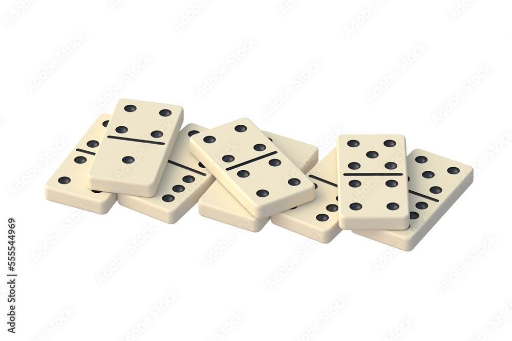 Scattered dominoes tiles isolated on white background. 3d render Scattered dominoes tiles isolated on white background. 3d render