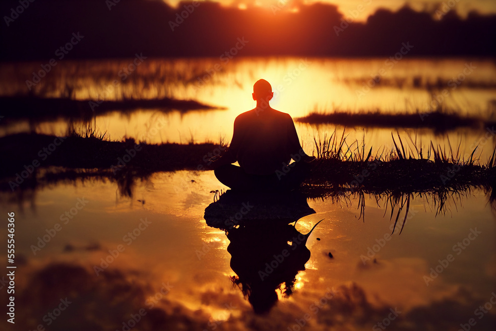 Buddist  zen monk yoga meditation at sunset, a fictional person, Generative AI