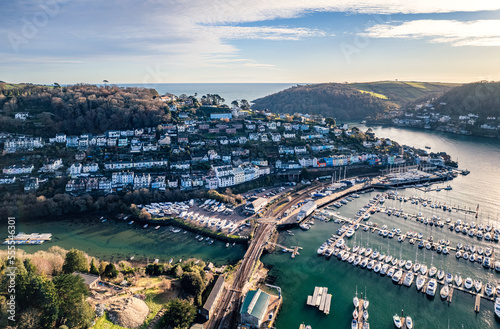 Dartmouth Steam Railway and River Dart from a drone, Kingswear, Devon, England, Europe